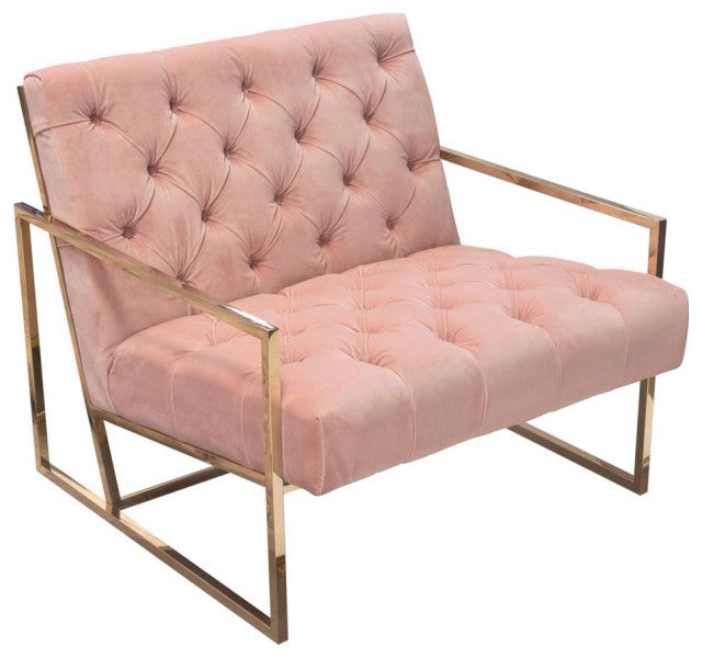 Chair, Blush Pink Tufted Velvet Fabric, Polished Gold Stainless Steel Frame By Diamond Sofa