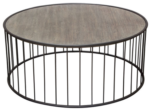 Gibson 38" Round Cocktail Table With Gray Oak Finished Top and Metal Base By Diamond Sofa