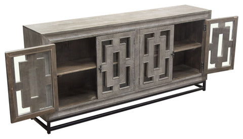 76" 4-Door Solid Mango Wood Sideboard in Walnut Grey Finish Black Iron Legs By Diamond Sofa