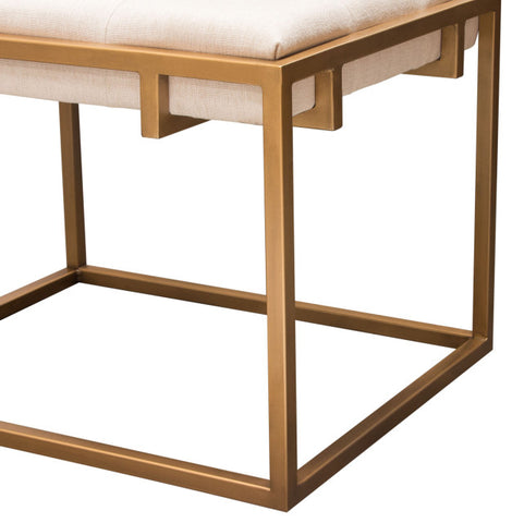 Babylon Small Accent Ottoman Brushed Gold Frame & Padded Seat in Sand Linen By Diamond Sofa