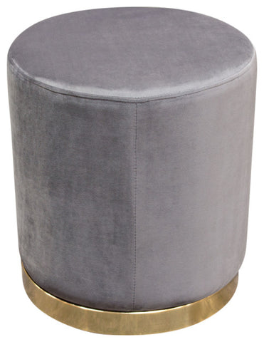 Round Accent Ottoman, Gray Velvet, Silver Metal Band Accent By Diamond Sofa