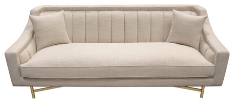 Fabric Sofa in Sand Linen Fabric Accent Pillows and Gold Metal Criss-Cross Frame By Diamond Sofa