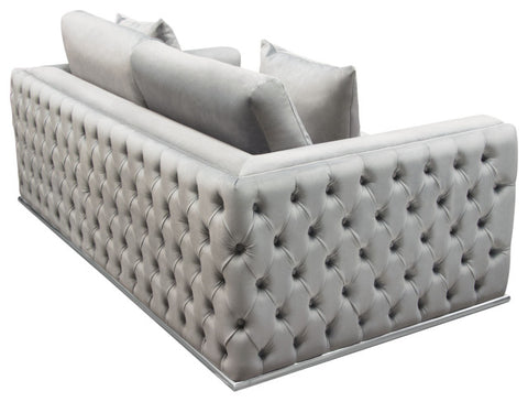 Loveseat, Platinum Grey Velvet, Tufted Outside Detail and Silver Metal Trim By Diamond Sofa