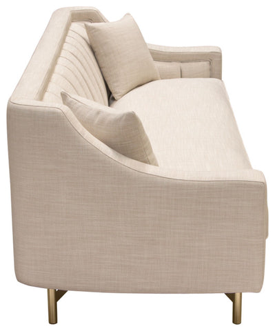 Fabric Sofa in Sand Linen Fabric Accent Pillows and Gold Metal Criss-Cross Frame By Diamond Sofa