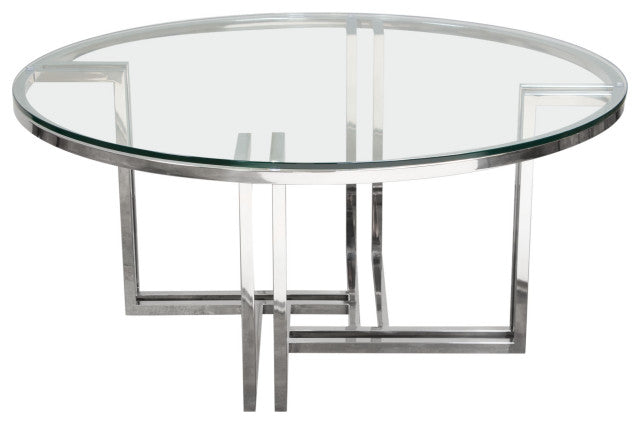 Steel Round Cocktail Table Clear Tempered Glass Top By Diamond Sofa