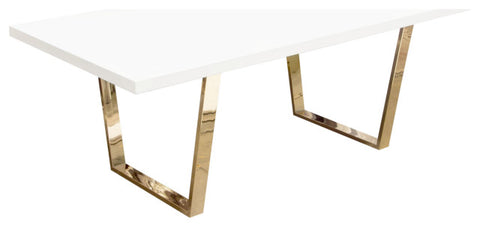 Rectangular Dining Table w/ White Lacquer Top and Polished Gold Metal Base By Diamond Sofa