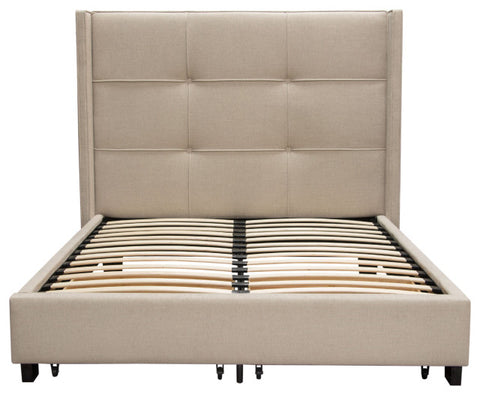 Eastern King Bed With Footboard Storage Unit and Accent Wings, Sand Fabric By Diamond Sofa