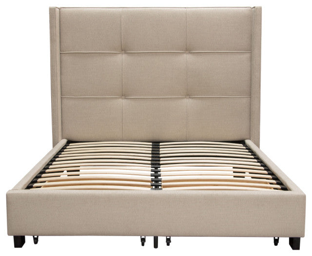 Queen Bed With Integrated Footboard Storage Unit and Accent Wings, Sand Fabric By Diamond Sofa