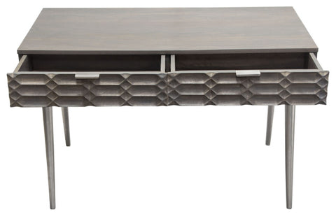 Petra Solid Mango Wood 2-Drawer Writing Desk, Smoke Gray Finish With Nickel Legs By Diamond Sofa