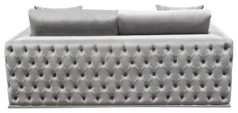 Loveseat, Platinum Grey Velvet, Tufted Outside Detail and Silver Metal Trim By Diamond Sofa