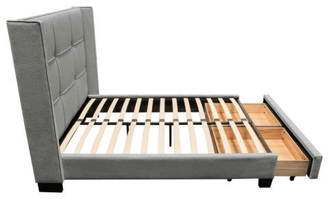 Queen Bed With Integrated Footboard Storage Unit, Accent Wings, Grey Fabric By Diamond Sofa