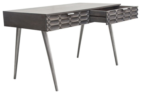 Petra Solid Mango Wood 2-Drawer Writing Desk, Smoke Gray Finish With Nickel Legs By Diamond Sofa