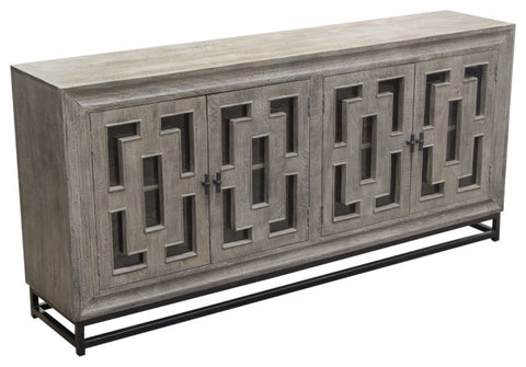76" 4-Door Solid Mango Wood Sideboard in Walnut Grey Finish Black Iron Legs By Diamond Sofa