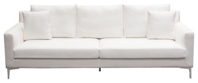 Seattle Loose Back Sofa in White Linen Polished Silver Metal Leg By Diamond Sofa