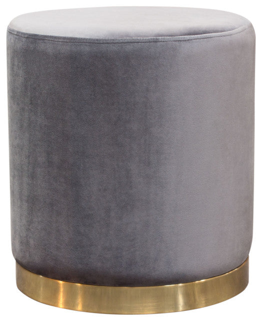Round Accent Ottoman, Gray Velvet, Silver Metal Band Accent By Diamond Sofa