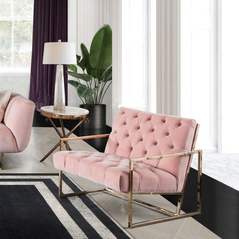 Accent Chair, Blush Pink Tufted Velvet Fabric, Gold Stainless Steel Frame By Diamond Sofa