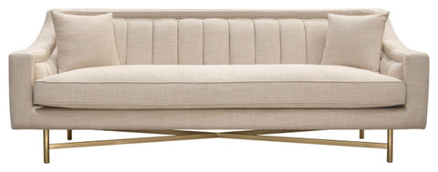 Fabric Sofa in Sand Linen Fabric Accent Pillows and Gold Metal Criss-Cross Frame By Diamond Sofa