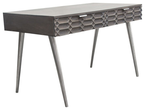 Petra Solid Mango Wood 2-Drawer Writing Desk in Smoke Grey Finish Nickel Legs By Diamond Sofa