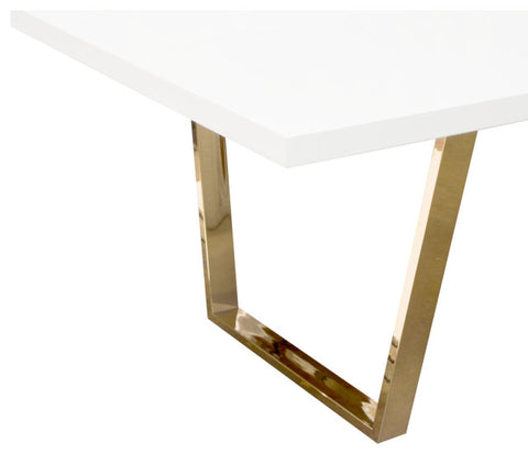 Rectangular Dining Table w/ White Lacquer Top and Polished Gold Metal Base By Diamond Sofa