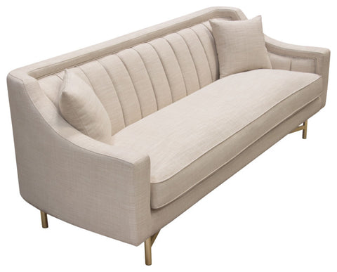 Fabric Sofa in Sand Linen Fabric Accent Pillows and Gold Metal Criss-Cross Frame By Diamond Sofa