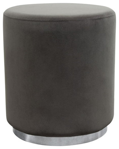Sorbet Round Accent Ottoman, Gray Velvet With Silver Metal Band Accent By Diamond Sofa