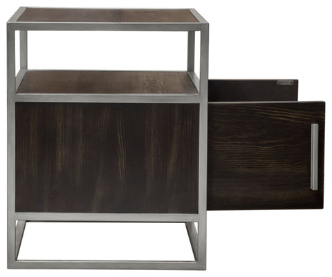 Empire 2-Door End Table in Dark Brown Veneer Hand brushed Silver Metal Frame By Diamond Sofa