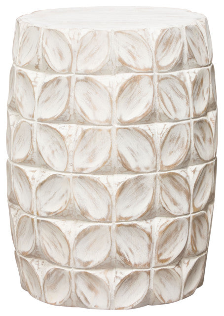 Fig Solid Mango Wood Accent Table in Distressed White Finish Leaf Motif By Diamond Sofa
