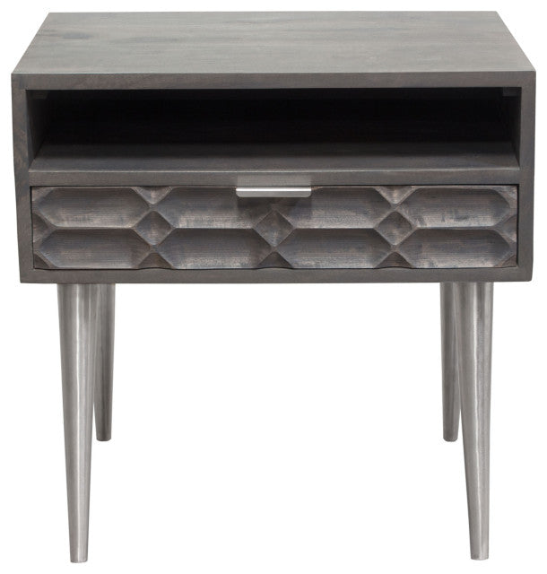 Petra Solid Mango Wood 1-Drawer Accent Table in Smoke Grey Finish Nickel Legs By Diamond Sofa