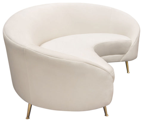Celine Curved Sofa with Contoured Back in Light Cream Velvet & Gold Metal Legs By Diamond Sofa