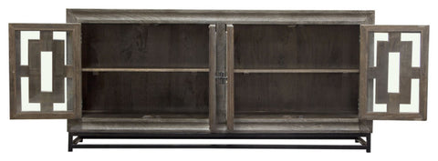 76" 4-Door Solid Mango Wood Sideboard in Walnut Grey Finish Black Iron Legs By Diamond Sofa