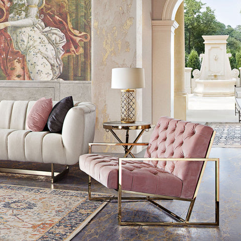 Accent Chair, Blush Pink Tufted Velvet Fabric, Gold Stainless Steel Frame By Diamond Sofa