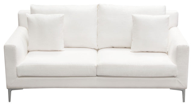 Seattle Loose Back Loveseat in White Linen Polished Silver Metal Leg By Diamond Sofa