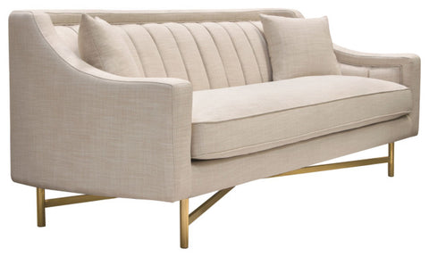 Fabric Sofa in Sand Linen Fabric Accent Pillows and Gold Metal Criss-Cross Frame By Diamond Sofa