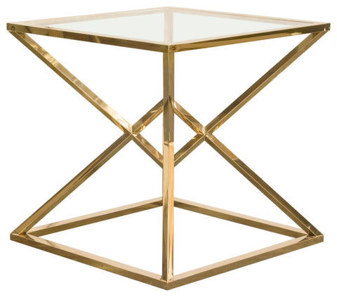 Steel End Table With Polished Gold Finish Base, Clear, Tempered Glass Top By Diamond Sofa