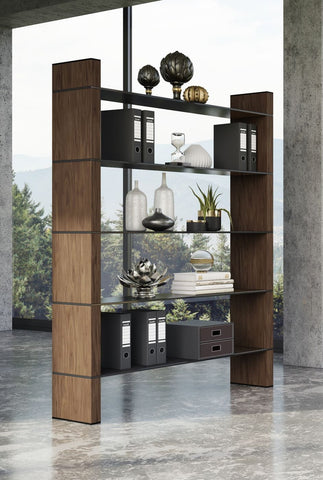 Modrest Glencoe Modern Walnut & Black Glass Bookshelf Model VGBBMQ2005SF-1