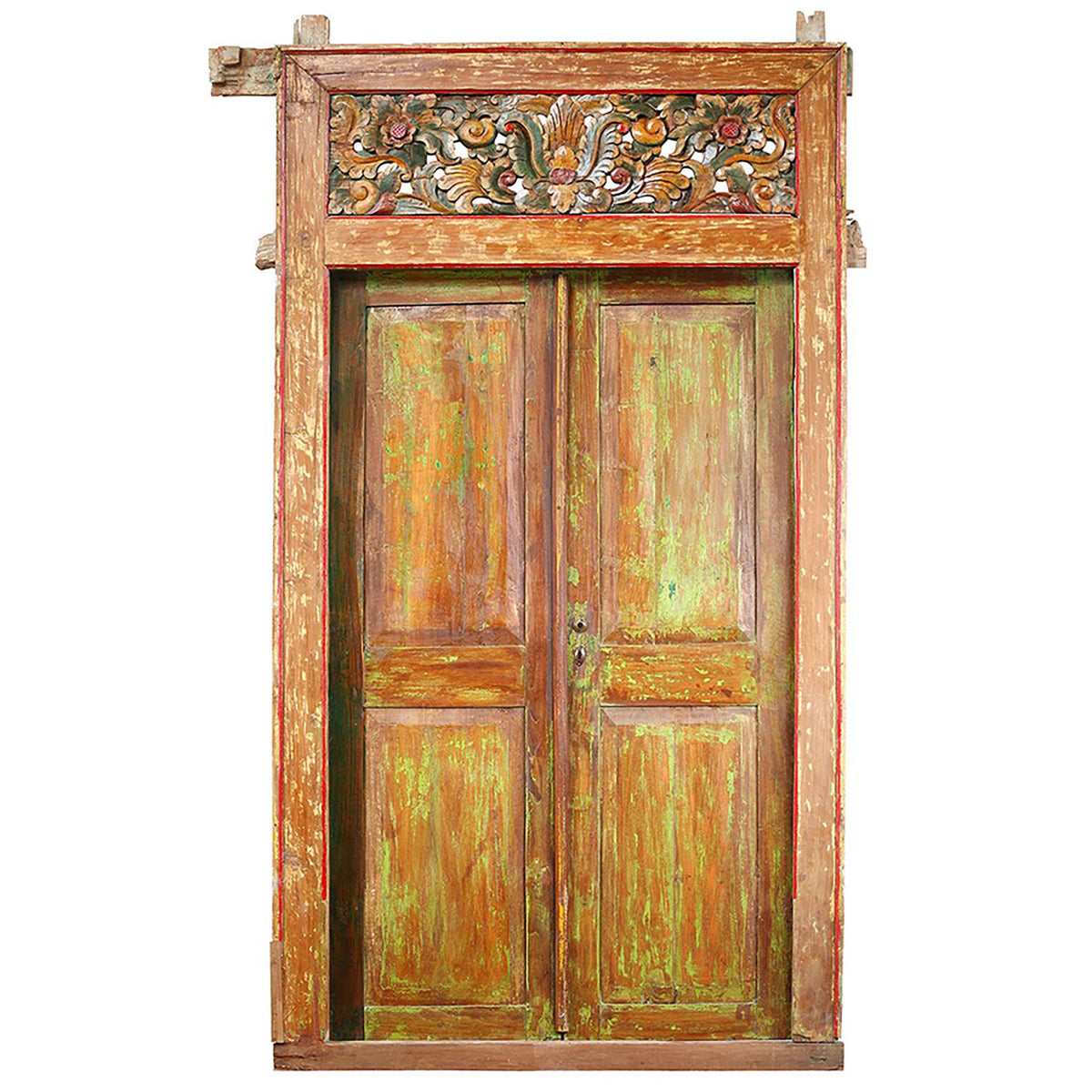Antique Distressed Painted And Waxed Finish Javanese Door Set With Frame