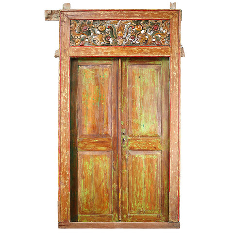 Antique Distressed Painted And Waxed Finish Javanese Door Set With Frame