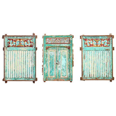 Antique Original Distressed Paint and Waxed Finish Madura Door And Window Set