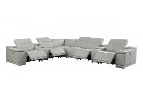 9762 DivanItalia Light Gray 8-Piece Sectional – Top Grain Italian Leather with 4 Power Recliners and 2 ConsolesModel:  9762-LT_GRAY-4PWR-8PC