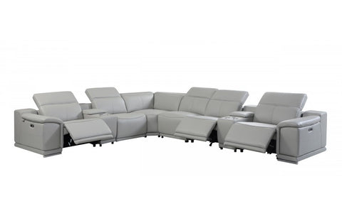 9762 DivanItalia Light Gray 8-Piece Sectional – Top Grain Italian Leather with 3 Power Recliners and 2 ConsolesModel:  9762-LT_GRAY-3PWR-8PC