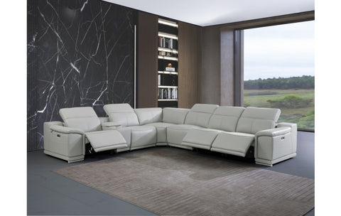 9762 DivanItalia Light Gray 7-Piece Sectional with 3 Power Recliners and 1 Console – Top Grain Italian LeatherModel:  9762-LT_GRAY-3PWR-7PC