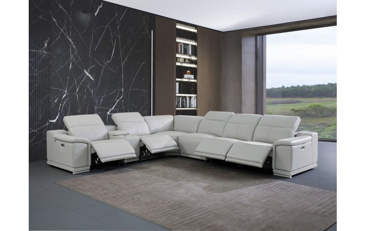 9762 DivanItalia Light Gray 7-Piece Sectional with 4 Power Recliners and 1 Console – Top Grain Italian LeatherModel:  9762-LT_GRAY-4PWR-7PC