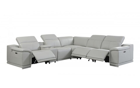 9762 DivanItalia Light Gray 6-Piece Sectional with 3 Power Recliners and 1 Console – Top Grain Italian LeatherModel:  9762-LT_GRAY-3PWR-6PC