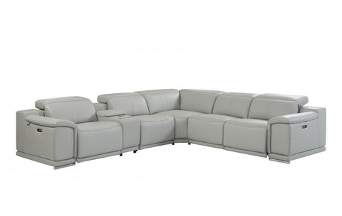 9762 DivanItalia Light Gray 6-Piece Sectional with 3 Power Recliners and 1 Console – Top Grain Italian LeatherModel:  9762-LT_GRAY-3PWR-6PC