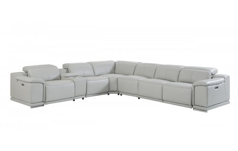 9762 DivanItalia Light Gray 7-Piece Sectional with 3 Power Recliners and 1 Console – Top Grain Italian LeatherModel:  9762-LT_GRAY-3PWR-7PC