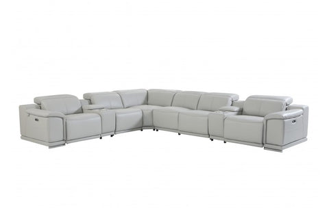 9762 DivanItalia Light Gray 8-Piece Sectional – Top Grain Italian Leather with 4 Power Recliners and 2 ConsolesModel:  9762-LT_GRAY-4PWR-8PC