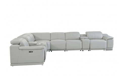 9762 DivanItalia Light Gray 8-Piece Sectional – Top Grain Italian Leather with 4 Power Recliners and 2 ConsolesModel:  9762-LT_GRAY-4PWR-8PC