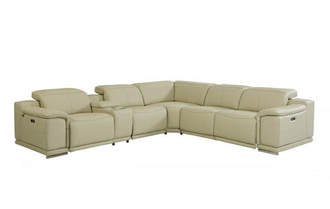 9762 DivanItalia Beige 6-Piece Sectional with 3 Power Recliners and 1 Console – Top Grain Italian LeatherModel:  9762-BEIGE-3PWR-6PC