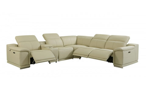 9762 DivanItalia Beige 6-Piece Sectional with 3 Power Recliners and 1 Console – Top Grain Italian LeatherModel:  9762-BEIGE-3PWR-6PC