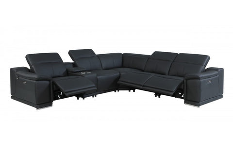 9762 DivanItalia Black 6-Piece Sectional with 3 Power Recliners and 1 Console – Top Grain Italian LeatherModel:  9762-BLACK-3PWR-6PC